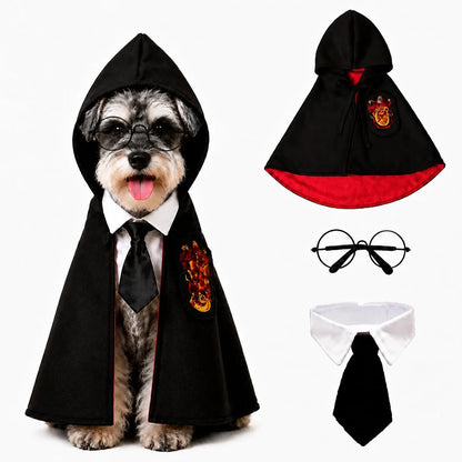 3pcs Spooky Dark Gothic Dog Cape – Horror Wizard Costume with Emblem Badge, Necktie, and Round Glasses Accessory