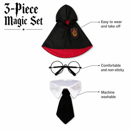 3pcs Spooky Dark Gothic Dog Cape – Horror Wizard Costume with Emblem Badge, Necktie, and Round Glasses Accessory