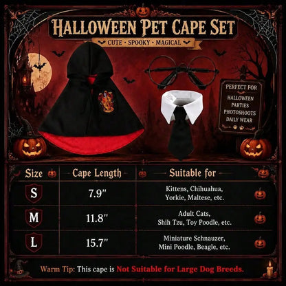 3pcs Spooky Dark Gothic Dog Cape – Horror Wizard Costume with Emblem Badge, Necktie, and Round Glasses Accessory