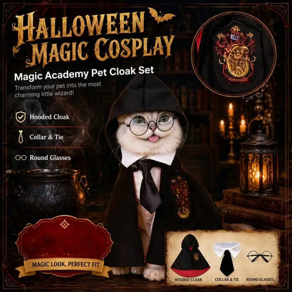 3pcs Spooky Dark Gothic Dog Cape – Horror Wizard Costume with Emblem Badge, Necktie, and Round Glasses Accessory
