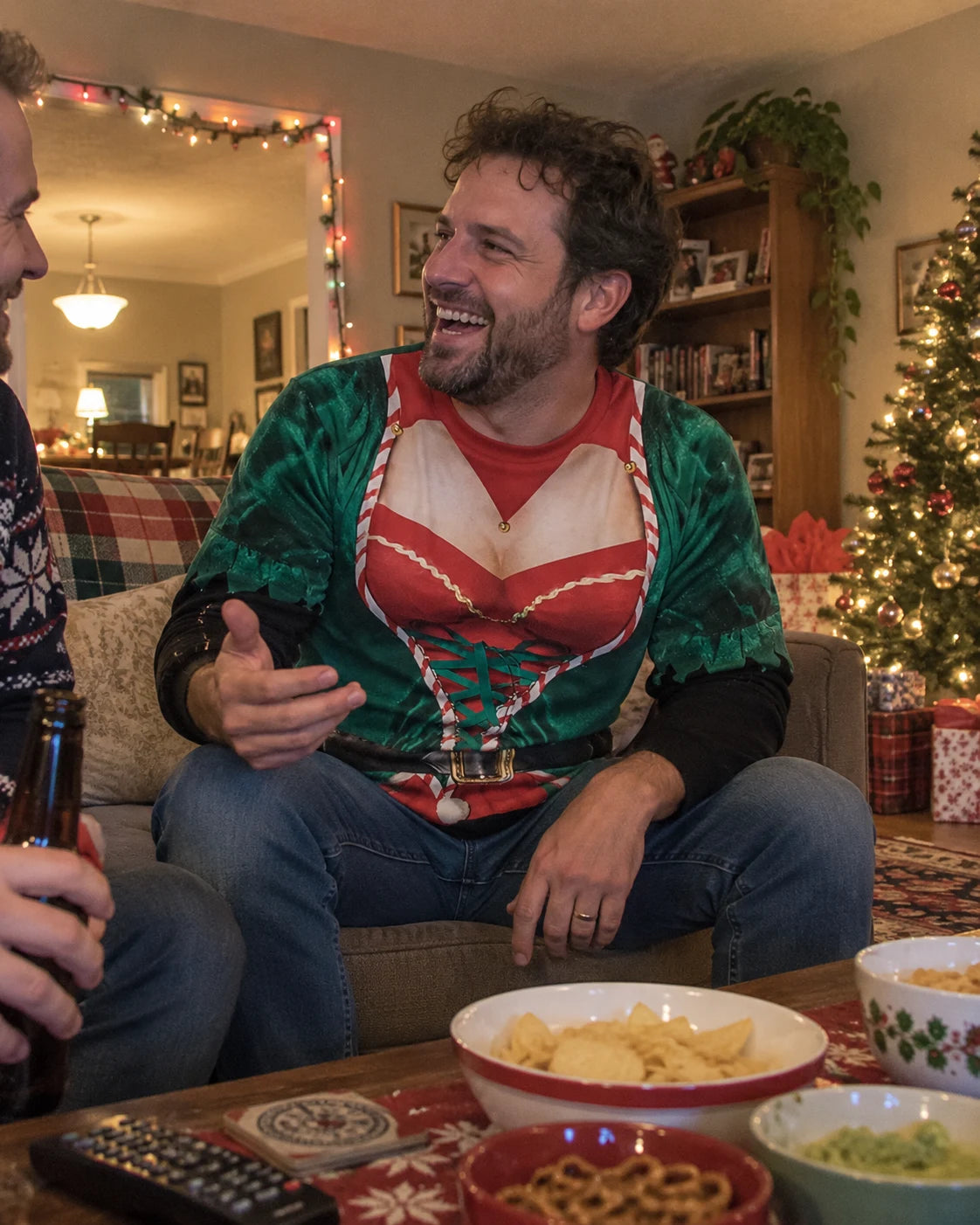 Christmas shirt worn at a casual festive gathering — AI-generated lifestyle image